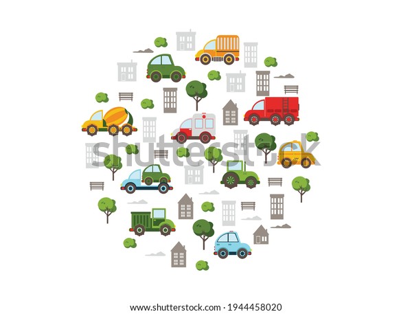 colored cars with houses, trees, bench. children\'s\
background 