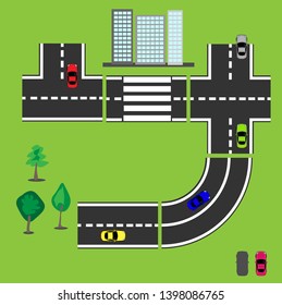 Colored cars and parts of the road to create a picture. Multi-storey houses and trees. Vector city