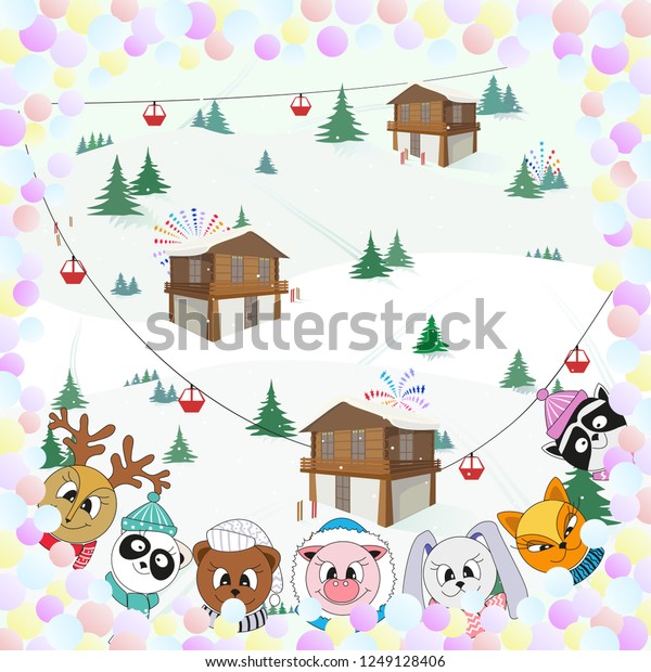 Colored cartoon animals with a Christmas\
landscape in a frame of festive confetti. Pig, deer, hare, bear,\
raccoon, panda. Vector\
illustration.