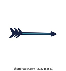 Colored cartoon arrow. Hand-drawn boho arrow with a tip and feathers. Vector stock illustration of decorative hunting weapon element in blue isolated on white background.