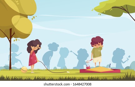 Colored cartoon background with two lonely children crying on playground vector illustration