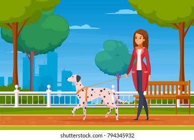 Colored cartoon background with young woman walking in city park with her dog of dalmatian breed vector illustration   
