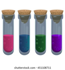 Colored cartoon bottles of potion isolated on white background.