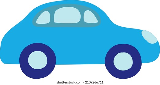 Colored Cartoon Car Doodle For Kids Products Design. Cute Blue Hand Drawn Vehicle For Little Preschool Boys. Handwritten Emblem For Kindergarten Interior Design. Flat Vector Illustration Of Automobile