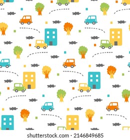 Colored cartoon cars for kids city pattern. Seamless print with hand drawn red, yellow, green, turquoise transport on white background with little houses, nice trees. Cute wallpaper for boy's nursery.