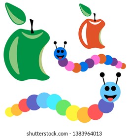 Colored cartoon caterpillar and bitten apple. Smiling caterpillar in the colors of the rainbow. Red and green apples with a twig and a leaf.
