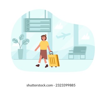 Personaje de dibujos animados de color yendo al aeropuerto para su próximo viaje. Es hora de viajar al extranjero en avión. Turistas y viajeros esperando su salida. Ilustración del vector