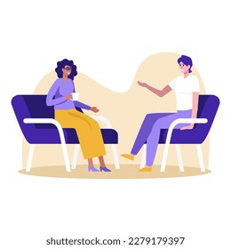 Colored cartoon characters of smiling women spending time together. Drinking morning coffee with friend. Female friends gossiping when having conversation. Vector