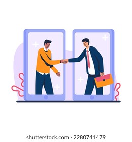 Colored cartoon characters of young men working together remotely. Cooperation and partnership with colleagues. Support and successful teamwork in business online. Vector