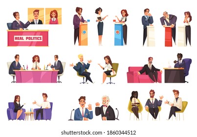 Colored cartoon collection of participants in various talk show isolated on white background vector illustration