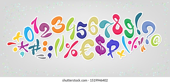 Colored cartoon comic font alphabet. Signs and numbers. Vector illustration