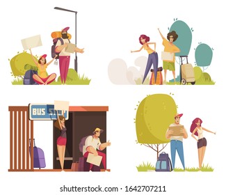 Colored cartoon compositions set with men and women with luggage hitchhiking isolated vector illustration