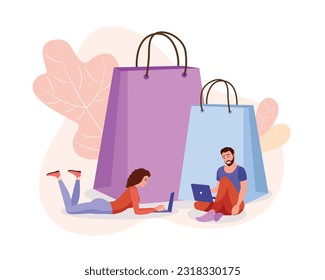 Colored cartoon couple doing shopping over internet. Electronic commerce and online stores buyers. Digital environment and fashion sector. Vector illustration