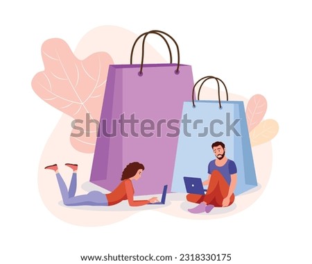 Colored cartoon couple doing shopping over internet. Electronic commerce and online stores buyers. Digital environment and fashion sector. Vector illustration