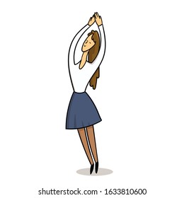 Colored cartoon dancing woman, ballerina with long hair. Colorful flat vector illustration. Isolated on white background.