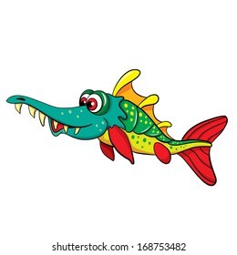 colored cartoon dental fish pike on white background.