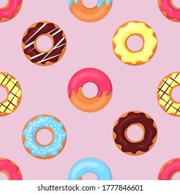 Colored cartoon donuts. Seamless pattern. Vector illustration isolated on a pink background.