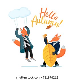 A colored cartoon drawing, set - cute forest orchestra greet autumn. Fox pianist flies on the cloud, fox bass plays music on background of the text - Hello, Autumn! Vector isolated illustration.