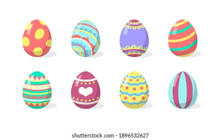 Caricatura de colores huevos de Pascua con patrones graciosos. Vacaciones de primavera para la decoración. Iconos vectoriales aislados en fondo blanco.