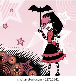 Colored cartoon emo goth girl with umbrella