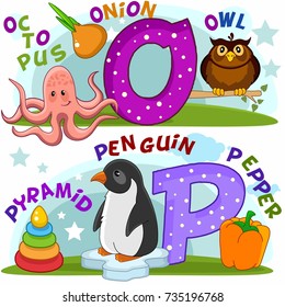 Colored cartoon English alphabet with O and P letters for children, with pictures to these letters with an octopus, an onion, an owl, a pyramid, a penguin and pepper.