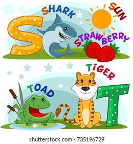 Colored cartoon English alphabet with S and T letters for children, with pictures of these letters with a shark, strawberry, sun, frog, toad and a tiger.