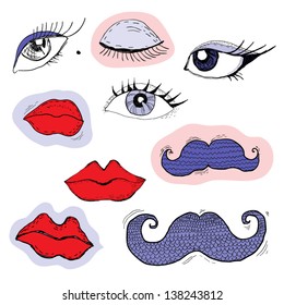 Colored cartoon eyes, lips and mustache