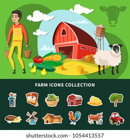 Composición de granja de dibujos animados de colores con conjunto de iconos de granja aislados o colección combinada Ilustración vectorial