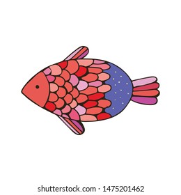 Colored cartoon fish in hand drawing style. Isolated object on white background. Vector illustration, children's cartoon style. Marine theme. Travel, recreation, fishing.