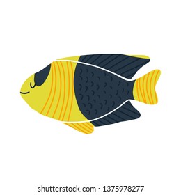 Colored cartoon fish illustration. Flat design sea tropical Centropyge bicolor isolated on white background. Vector art