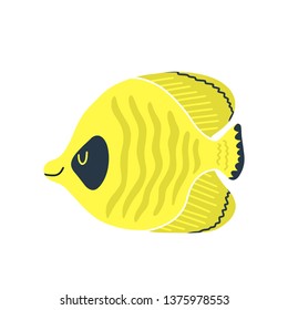 Colored cartoon fish illustration. Flat design sea tropical Chaetodon fish isolated on white background. Vector art