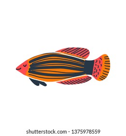 Colored cartoon fish illustration. Flat design sea tropical Pseudocheilinus hexataenia isolated on white background. Vector art