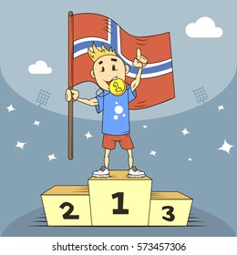 colored cartoon flat art illustration of Norway champion with flag in his hand