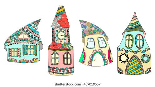 Colored Cartoon houses with with ornaments. Boho style. Moroccan style.