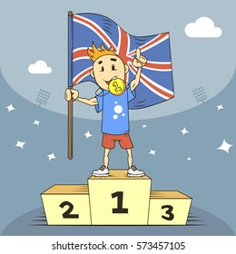 colored cartoon illustration champion of Britain with flag in his hand