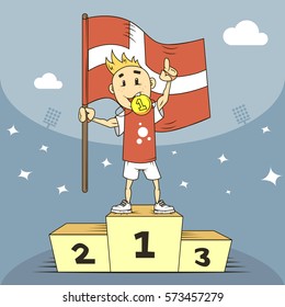 colored cartoon illustration Champion of Denmark with flag in his hand