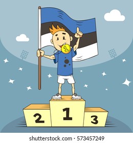 colored cartoon illustration champion of Estonia with an award and with flag in hand