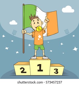 colored cartoon illustration champion of Ireland in the first place with flag in hand