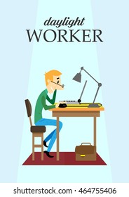 colored cartoon illustration of a worker working for a laptop day
