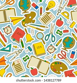 Colored cartoon isolated elements for school pattern with notebook clock scissors globe vector illustration