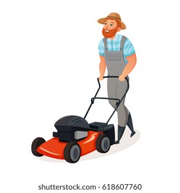 Colored cartoon and isolated grass cutting icon with man working in straw hat vector illustration