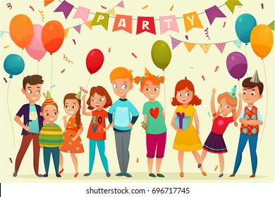 Colored Cartoon Kids Party Composition With Birthday Party Team Garlands And Gifts Vector Illustration