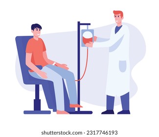 Hombre de caricatura de color donando su sangre en el hospital. Juventud activa social. Miembros voluntarios de la organización. Impacto de la sangre para salvar vidas. Ilustración de estilo plano vectorial