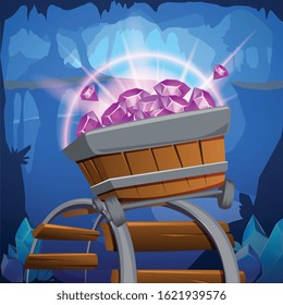 Colored and cartoon mining game design composition wooden wagon with gems inside vector illustration
