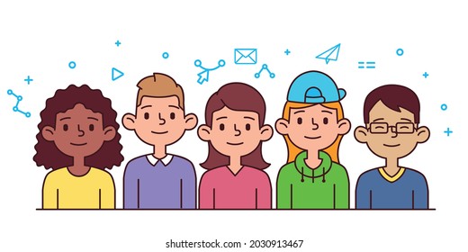 Caricatura de colores, avatares multiculturales. Conjunto de avatares de caricatura lineal