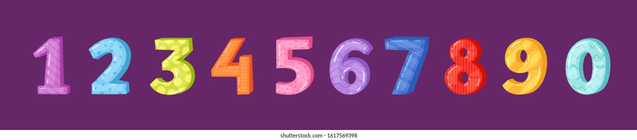 Colored cartoon numbers set. Cute Hand drawn bold elements from 0 to 9 for kids. Rainbow font, multicolored numeral alphabet for children education. Vector illustration on dark background