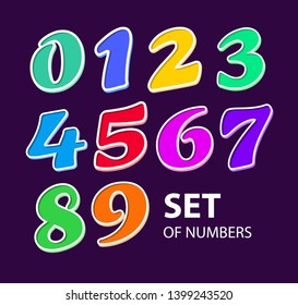 Colored cartoon numbers. Vector set of 1, 2, 3, 4, 5, 6, 7, 8, 9, 0 digit. Vector illustration on dark background.