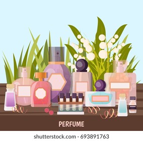 Colored cartoon perfume shop background with exhibition of perfume samples for advertising vector illustration