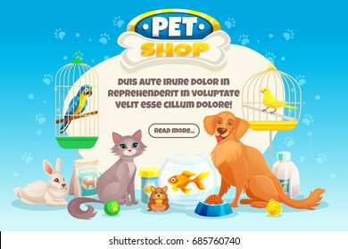 Colored cartoon pet shop composition or banner with descriptions about pets and read more button vector illustration