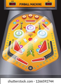 Colored and cartoon pinball machine composition game machine in the entertainment center vector illustration